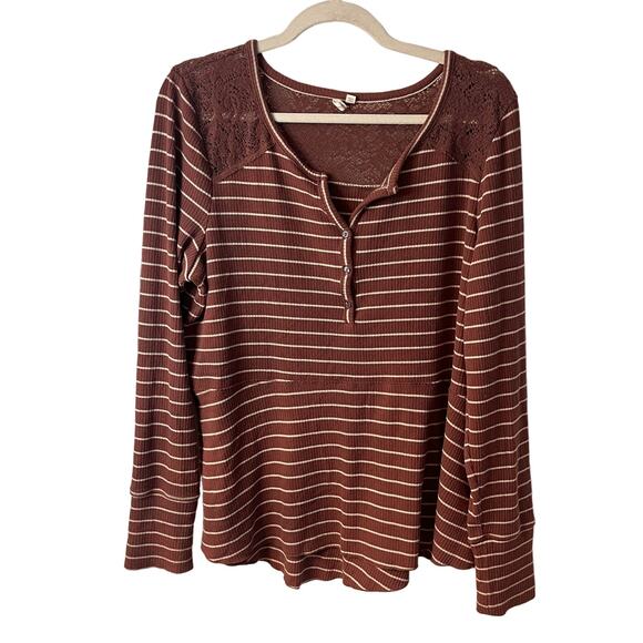 Anthropologie Campground Maroon Striped Thermal Henley Sleep Shirt Top Size L - Picture 1 of 7